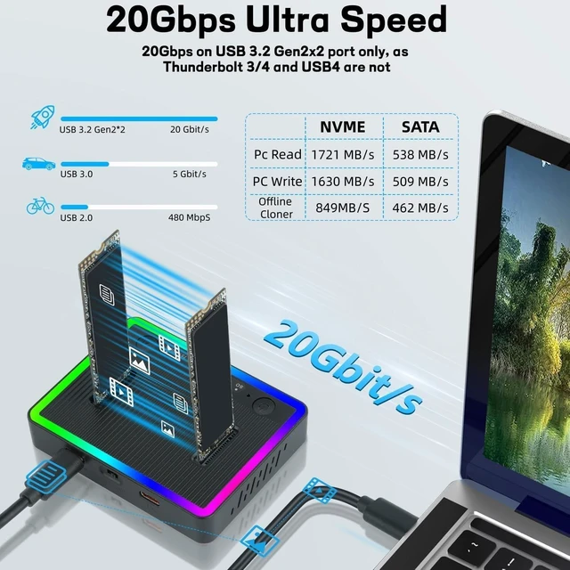 Alt view image 10 of 10 - M.2 NVMe SATA SSD Cloner Dock, Dual NVMe SATA SSD Enclosure, 20Gbps USB3.2 Gen 2X2 SSD to USB Adapter,M.2 Duplicator Cloner for Both (M Key,B+M Key) Tool-Free,Support Offline Clone-RGB Plastic