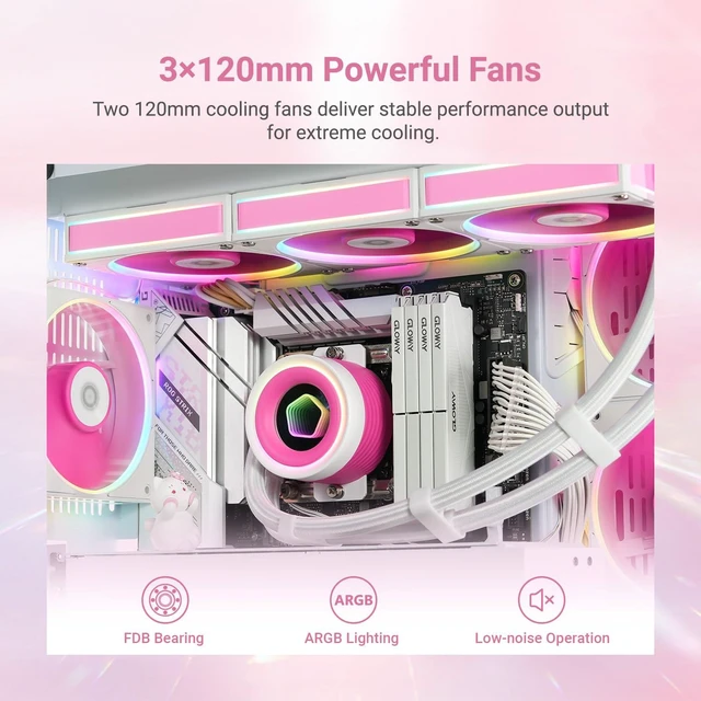 Alt view image 9 of 10 - ID-COOLING FX360 INF Pink Edition 360mm Liquid CPU Cooler, AIO Cooler with ARGB Infinity Mirror Effect, 3x120mm Daisy-Chained Fans Low-Noise Operating 29.9dB(A) Max., Intel & AMD Compatible