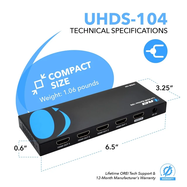 Alt view image 10 of 10 - OREI UltraHD 4K @ 60 Hz 1 X 4 HDMI Splitter 1 in 4 Out 4 Port 4: 8-Bit - HDMI 2.0, HDCP 2.0, 18 Gbps, EDID, Duplicate / Mirror 4K Screens - UHDS-104