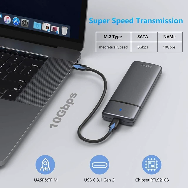 Alt view image 7 of 10 - M.2 NVMe SATA SSD Enclosure Adapter Tool-Free,Sokiwi USB 3.2 Gen2 10Gbps External to USB PCI-E 6Gbps SATA M-Key / B+M Key, NVMe Reader Support UASP Trim for SSDs 2230/2242/2260/2280