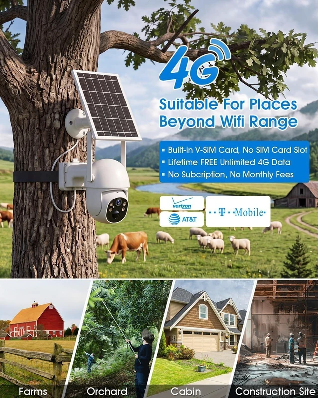 Alt view image 9 of 10 - SANSCO 4G LTE Cellular Solar Security Camera Wireless Outdoor, Lifetime Free Unlimited Data, NO WiFi 2K Color Night Vision, PTZ 360 View, 2 Way Audio, Motion Detection, Built-in SIM Card, 64G T