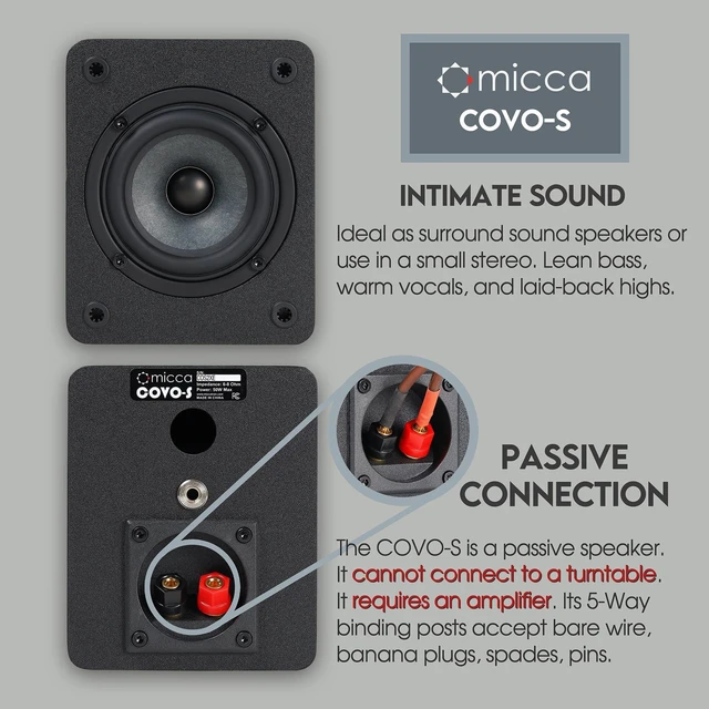 Alt view image 7 of 10 - Micca COVO-S 2-Way Passive Bookshelf Speakers, Amplifier Required, Not for Turntable, 3-Inch Woofer, 0.75-Inch Tweeter, Wall Mountable, Pair, Black