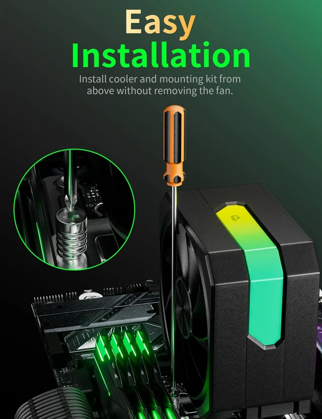 Alt view image 9 of 10 - CPU Air Cooler with 4X6mm Heat Pipes,120mm Fan ARGB CPU Cooler 1650rmp,CPU Air Cooler AMD AM5/AM4/AM3 Series,CPU Air Cooler 6.1 Height Compatible with Intel LGA 1700/1851/1155/1156/2011/2066(Black)