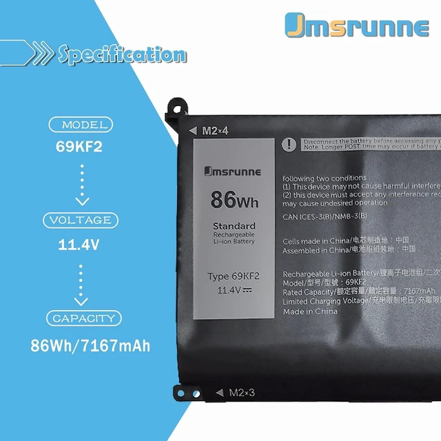 Alt view image 9 of 14 - 86Wh 69KF2 Laptop Battery Replacement for Dell Alienware M15 (R3 R4 R5 R6 R7) M17(R3 R4) Precision 5550 5560 XPS 15 9500 9510 Vostro 7510 7610 Series 7167mAh 11.4V