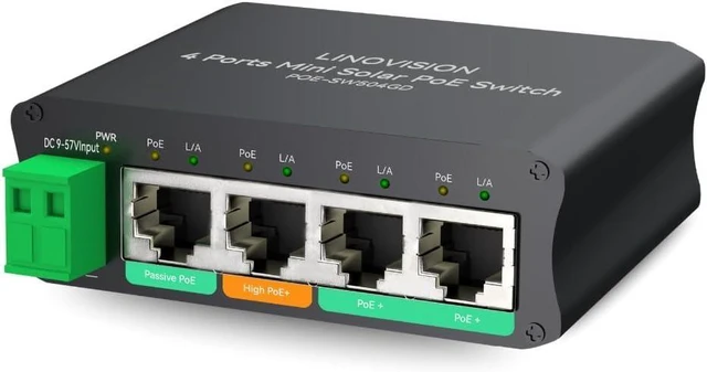 Alt view image 8 of 14 - LINOVISION 4 Ports Mini Solar PoE Switch Works Directly with DC12V or DC24V Batteries, Provide 2 PoE+ Ports, 1 High PoE+ Port for Big PTZ Cameras and 1 Passive 24V PoE Port for Bridge