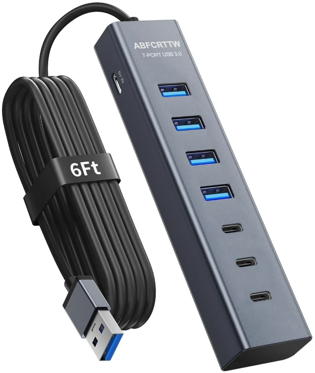 Alt view image 8 of 14 - ABFCRTTW 6FT 7-Port USB Hub 3.0 for Desktop, Aluminium USB Extender Hub | 5Gbps USB Multiport Adapter with 4 USB-A & 3 USB-C Ports , USB Splitter, USB Hub Long Cable for PC, Laptop, U Flash Drive,HDD