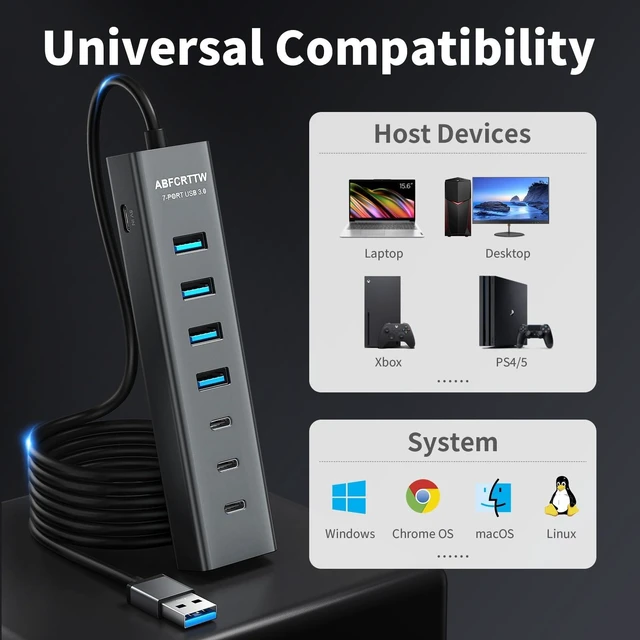 Alt view image 14 of 14 - ABFCRTTW 6FT 7-Port USB Hub 3.0 for Desktop, Aluminium USB Extender Hub | 5Gbps USB Multiport Adapter with 4 USB-A & 3 USB-C Ports , USB Splitter, USB Hub Long Cable for PC, Laptop, U Flash Drive,HDD