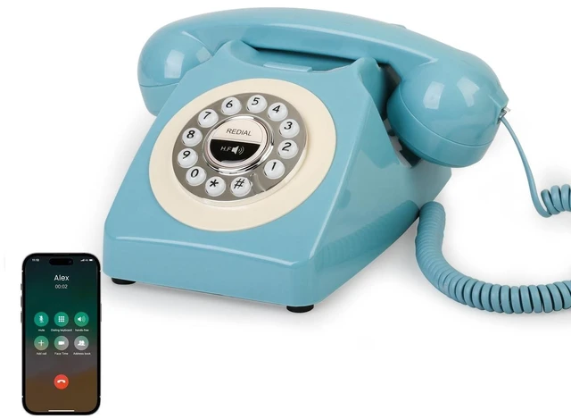 Alt view image 11 of 12 - Retro Blue Bluetooth Landline Phone, Mid-Century Style Desk Telephone with Classic Handset, Loud Vintage Ringtones, Bluetooth Connects to Smartphone, Cute Retro Decor Phone for Bedroom, Home & Office