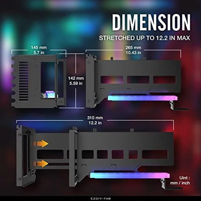 Alt view image 8 of 10 - EZDIY-FAB Vertical PCIe 4.0 GPU Mount Bracket Graphic Card Holder with 5V 3 Pin ARGB LED Module, Video Card VGA Support Kit with PCIe 4.0 X16 Gen4 17cm/6.69in Riser Cable 90 Degree Right Angle- Black