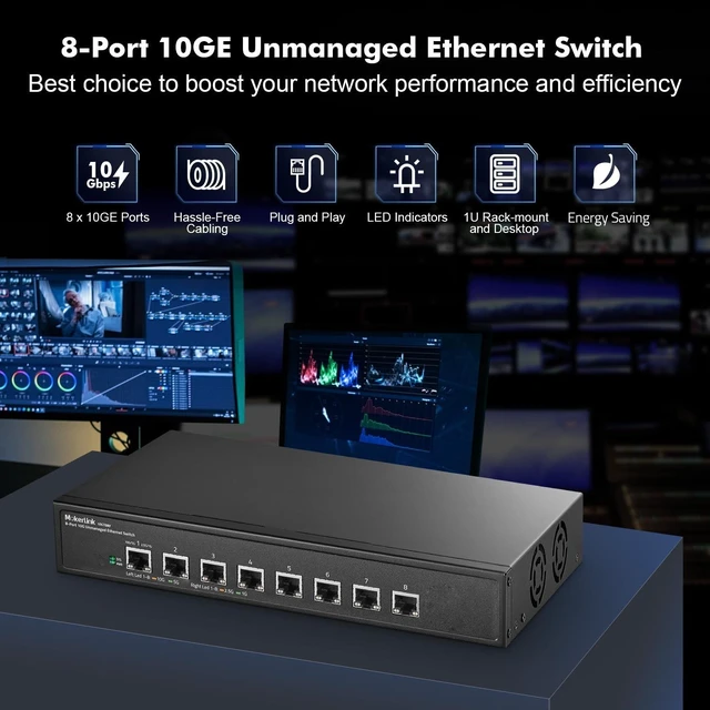 Alt view image 7 of 10 - MokerLink 8 Port 10G Unmanaged Ethernet Switch, 10G/5G/2.5G/1G Auto-Adaptive, Plug and Play, Metal Desktop^^Rackmount Network Switch