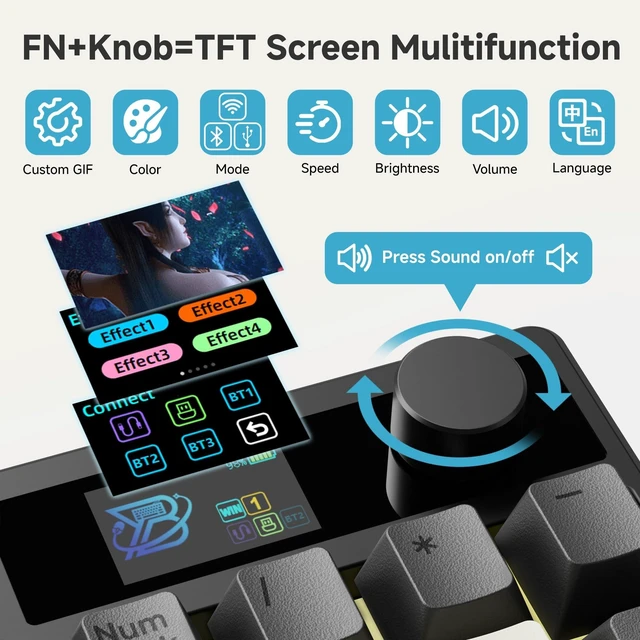 Alt view image 8 of 10 - BOYI TD31Pro Mechanical Numpad,Mini Keyboard with Screen&Knob,Bluetooth5.0/2.4G/Type-C Wireless Numeric Keypad,Gasket HotSwap RGB Number Pad,PBT Keycaps Rechargeable Number keypad for PC(Black-Grey)