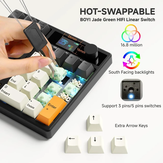 Alt view image 9 of 10 - BOYI TD31Pro Mechanical Numpad,Mini Keyboard with Screen&Knob,Bluetooth5.0/2.4G/Type-C Wireless Numeric Keypad,Gasket HotSwap RGB Number Pad,PBT Keycaps Rechargeable Number keypad for PC(Black-Grey)