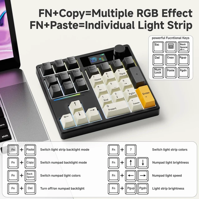 Alt view image 10 of 10 - BOYI TD31Pro Mechanical Numpad,Mini Keyboard with Screen&Knob,Bluetooth5.0/2.4G/Type-C Wireless Numeric Keypad,Gasket HotSwap RGB Number Pad,PBT Keycaps Rechargeable Number keypad for PC(Black-Grey)