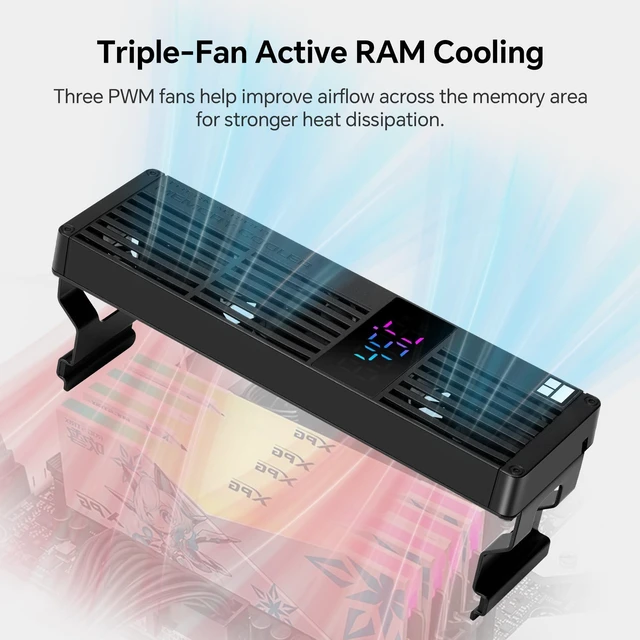 Alt view image 8 of 10 - TR MC-3 Digital RAM Cooler, Triple 40mm PWM Fans, Digital Display Memory Cooler, 4500RPM, Clip-On Installation, Dual Ball Bearing, for DDR5 DDR4 DDR3 DDR2 DDR