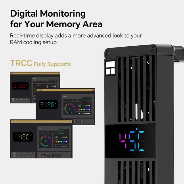Alt view image 7 of 10 - TR MC-3 Digital RAM Cooler, Triple 40mm PWM Fans, Digital Display Memory Cooler, 4500RPM, Clip-On Installation, Dual Ball Bearing, for DDR5 DDR4 DDR3 DDR2 DDR