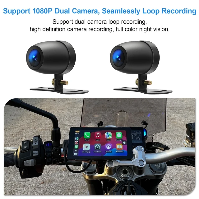 Alt view image 9 of 10 - Weuaste 5.5" Motorcycle CarPlay & Android Auto Screen, Wireless GPS Navigation System Dual 2K Dash Cam, IP69K Waterproof, HD Screen, BT, G-Sensor, Loop Recording, Siri Voice Control, Remote Con