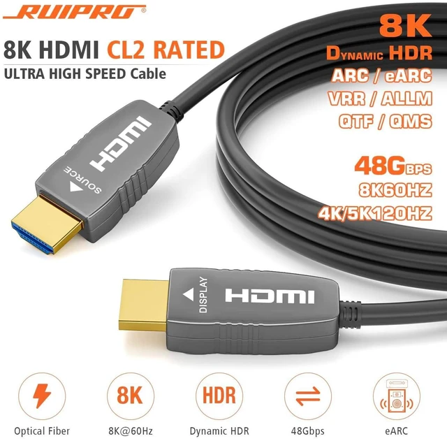 Alt view image 7 of 10 - RUIPRO 8K HDMI Ultra High Speed Latest 2.1b Certified Fiber Optic Cable CL2 Rated 33 Feet 8K60Hz 4K120Hz 48Gbps eARC HDR HDCP2.3 for RTX4080/4090/3080/3090 Xbox PS5 AVR Projector LG/Samsung/Sony