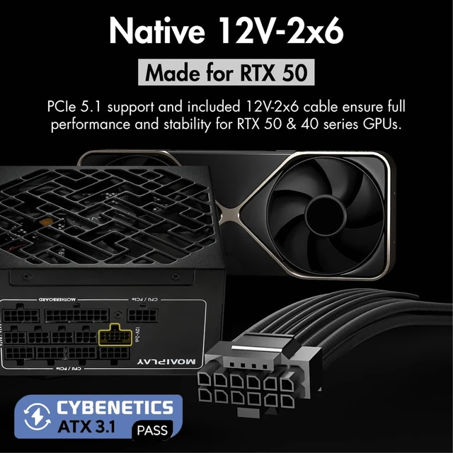 Alt view image 9 of 10 - MOAIPLAY ORA PRO G1 1000 Fully Modular ATX Power Supply 1000W Cybenetics Gold Efficiency 148mm Quiet Fan, ATX 3.1, PCIe 5.1, 12V-2x6, Black