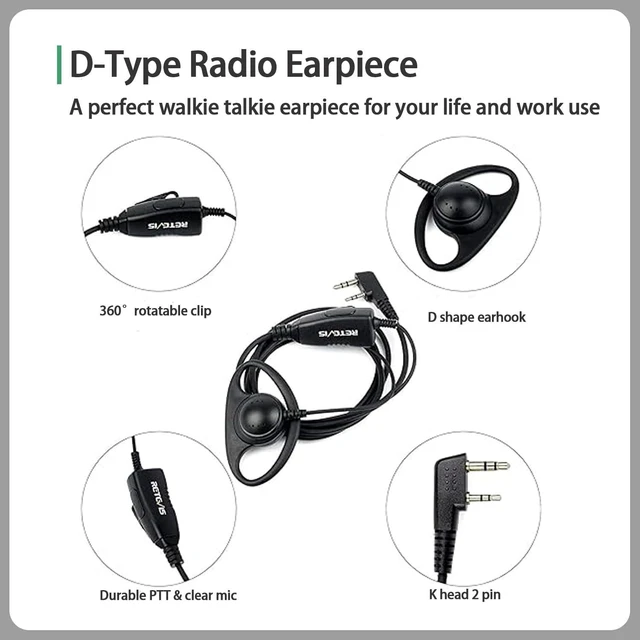 Alt view image 7 of 10 - Retevis Case of 10, Walkie Talkies Earpiece with Mic 2 Pin D-Type Headset for H-777 RT22 RT21 RT86S, Compatible with Pxton, Baofeng BF-888S, Kenwood Walkie Talkies, Walkie Talkie Earpiece(10 Pack)