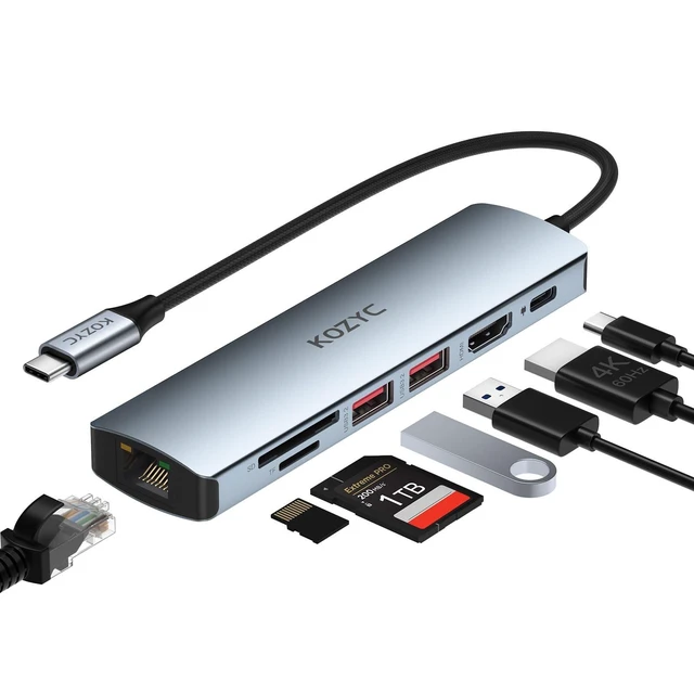 Alt view image 6 of 10 - USB C Hub Ethernet Multiport Adapter, KOZYC 7-in-1 USB C Hub with HDMI 4K@60Hz, 1Gbps Ethernet, 100W PD, 2 USB 3.2 Gen2 10Gbps Data, SD/TF Card Slots Port, Compatible with MacBook Air/Pro, XPS13/15