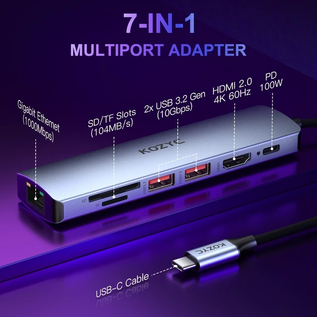 Alt view image 7 of 10 - USB C Hub Ethernet Multiport Adapter, KOZYC 7-in-1 USB C Hub with HDMI 4K@60Hz, 1Gbps Ethernet, 100W PD, 2 USB 3.2 Gen2 10Gbps Data, SD/TF Card Slots Port, Compatible with MacBook Air/Pro, XPS13/15