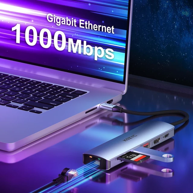 Alt view image 9 of 10 - USB C Hub Ethernet Multiport Adapter, KOZYC 7-in-1 USB C Hub with HDMI 4K@60Hz, 1Gbps Ethernet, 100W PD, 2 USB 3.2 Gen2 10Gbps Data, SD/TF Card Slots Port, Compatible with MacBook Air/Pro, XPS13/15