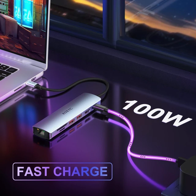Alt view image 10 of 10 - USB C Hub Ethernet Multiport Adapter, KOZYC 7-in-1 USB C Hub with HDMI 4K@60Hz, 1Gbps Ethernet, 100W PD, 2 USB 3.2 Gen2 10Gbps Data, SD/TF Card Slots Port, Compatible with MacBook Air/Pro, XPS13/15