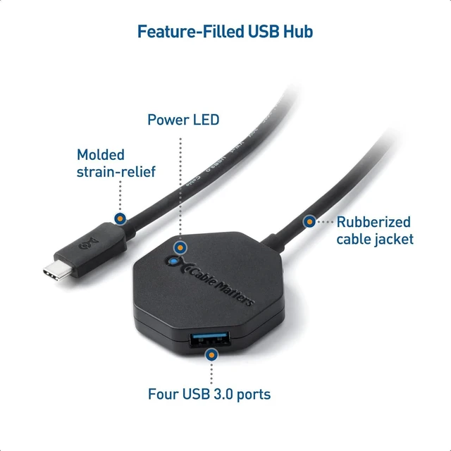 Alt view image 11 of 14 - Cable Matters Ultra Mini 4 Port USB C Hub with Long 4 ft Extension Cable Tail (USB C to USB Hub, USB C Hub Long Cord, USB Type C Hub) in Black - Thunderbolt 4 / USB4 / Thunderbolt 3 Port Compatible