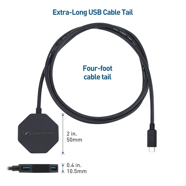 Alt view image 13 of 14 - Cable Matters Ultra Mini 4 Port USB C Hub with Long 4 ft Extension Cable Tail (USB C to USB Hub, USB C Hub Long Cord, USB Type C Hub) in Black - Thunderbolt 4 / USB4 / Thunderbolt 3 Port Compatible