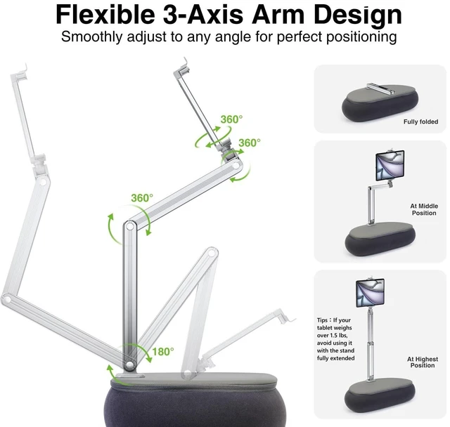 Alt view image 8 of 10 - elitehood Tall Tablet Pillow Stand, Long Arm Adjustable Kindle Pillow Holder for Reading in Bed, 360Rotation iPad Stand for Lap Compatible with 6 - 13 iPad Air Mini Pro iPhone Kindle Cell Phone