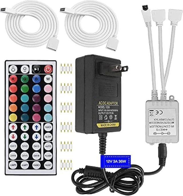 Alt view image 7 of 12 - Hwylizg 2-Port 44 Key IR LED Light Remote,RGB Control Box + DC 12V 3A LED Power Supply Led Light Adapter + 2 Pack 3.3FT LED Light Strip Extension Cable for 2835 3528 5050 RGB LED Strip Lights