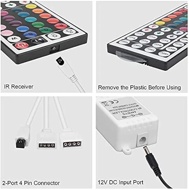 Alt view image 9 of 12 - Hwylizg 2-Port 44 Key IR LED Light Remote,RGB Control Box + DC 12V 3A LED Power Supply Led Light Adapter + 2 Pack 3.3FT LED Light Strip Extension Cable for 2835 3528 5050 RGB LED Strip Lights