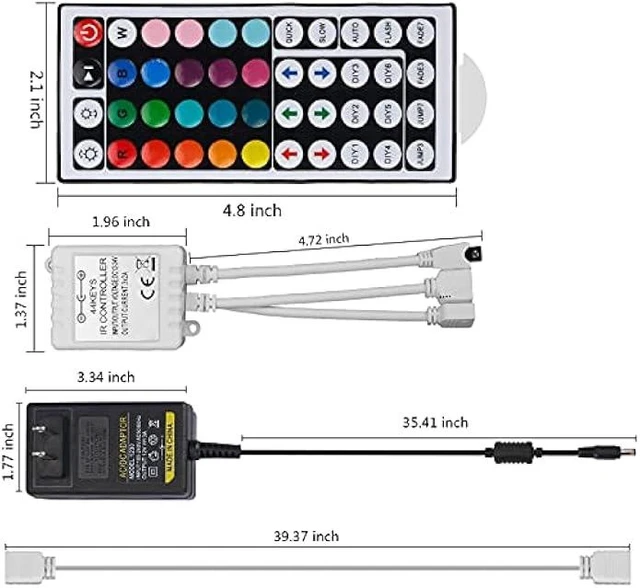Alt view image 12 of 12 - Hwylizg 2-Port 44 Key IR LED Light Remote,RGB Control Box + DC 12V 3A LED Power Supply Led Light Adapter + 2 Pack 3.3FT LED Light Strip Extension Cable for 2835 3528 5050 RGB LED Strip Lights