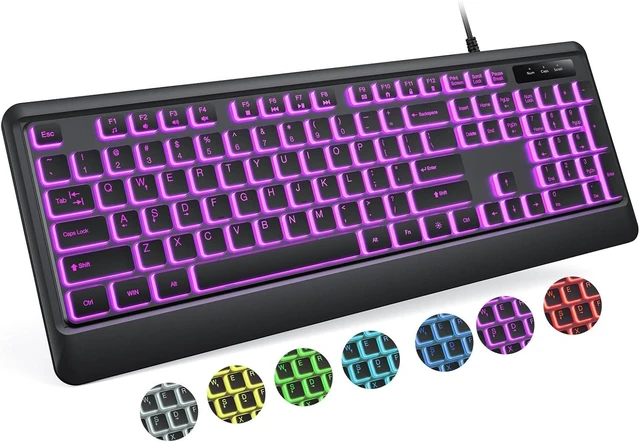 Alt view image 8 of 14 - Backlit Computer Keyboards, Wired USB LED Keyboard with 7 Colors Backlight, Plug and Play, Waterproof, Full Size Quiet Computer Keyboard for Windows Desktop, PC, Laptop, Gaming