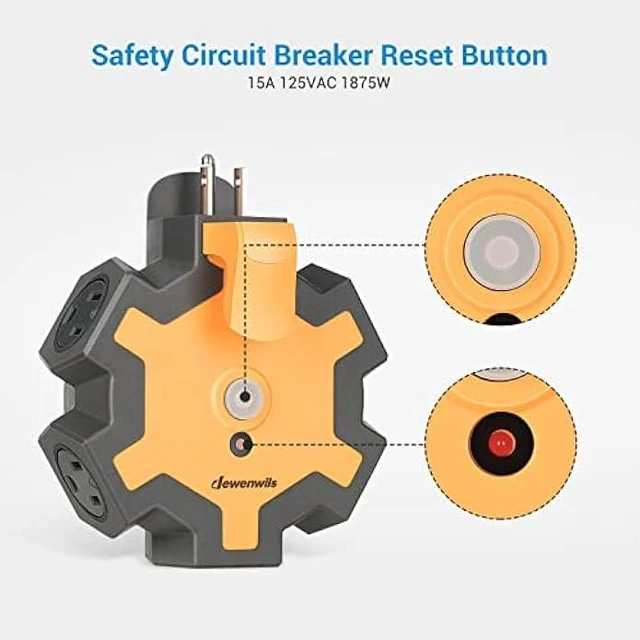 Alt view image 9 of 14 - DEWENWILS Outdoor Extension Cord Power Adapter, Heavy Duty 5-Outlet Power Hub with Swivel Safety Covers, Widely-Spaced Power Outlet for Workshop, Jobsite, Garage, 15A Circuit Breaker (Orange)