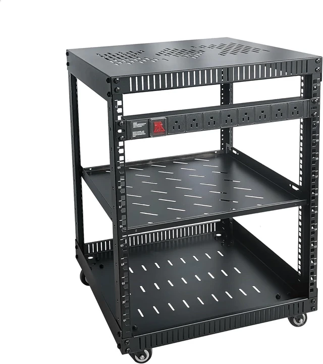 Alt view image 7 of 12 - RIVECO 12U Network Rack with Reinforced Top Cover - 4 Post Floor Rack on Wheels for 19" Equipment & Stereo Gear- Including Rack Mount Power Strip & 1PCS 1U Rack Shelf