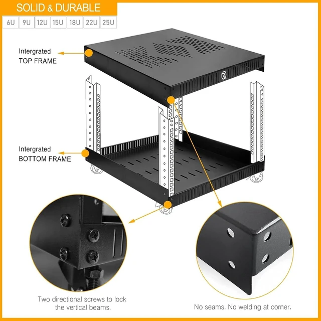 Alt view image 10 of 12 - RIVECO 12U Network Rack with Reinforced Top Cover - 4 Post Floor Rack on Wheels for 19" Equipment & Stereo Gear- Including Rack Mount Power Strip & 1PCS 1U Rack Shelf