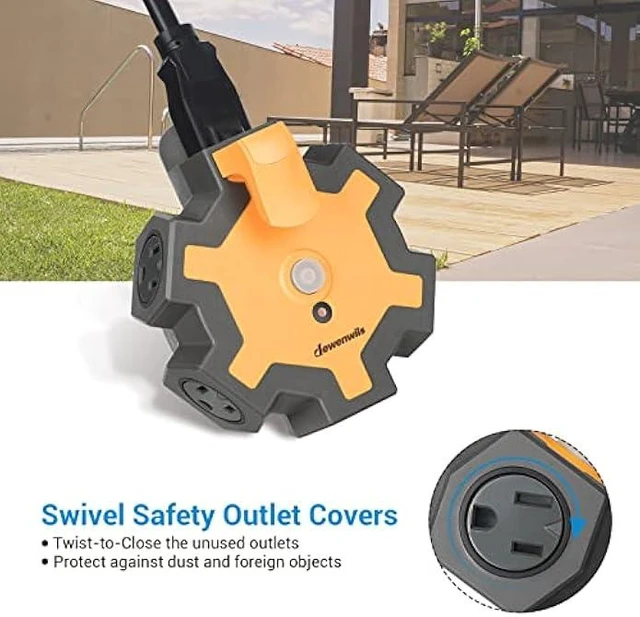 Alt view image 12 of 14 - DEWENWILS Outdoor Extension Cord Power Adapter, Heavy Duty 5-Outlet Power Hub with Swivel Safety Covers, Widely-Spaced Power Outlet for Workshop, Jobsite, Garage, 15A Circuit Breaker (Orange)