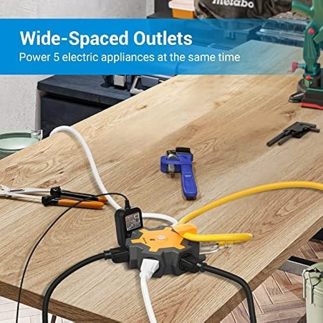 Alt view image 14 of 14 - DEWENWILS Outdoor Extension Cord Power Adapter, Heavy Duty 5-Outlet Power Hub with Swivel Safety Covers, Widely-Spaced Power Outlet for Workshop, Jobsite, Garage, 15A Circuit Breaker (Orange)