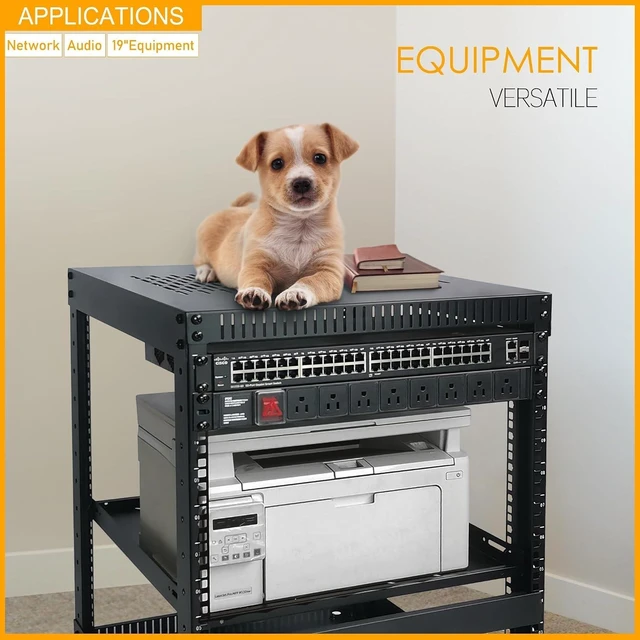 Alt view image 12 of 12 - RIVECO 12U Network Rack with Reinforced Top Cover - 4 Post Floor Rack on Wheels for 19" Equipment & Stereo Gear- Including Rack Mount Power Strip & 1PCS 1U Rack Shelf