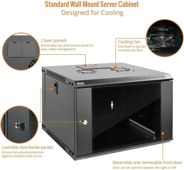 Alt view image 9 of 12 - 6U Wall Mount Server Cabinet IT Network Rack Enclosure Lockable Door and Side Panels Black,Cooling Fan,Standard Glass Door,17.7inch Depth,for 19 IT Equipment,A/V Devices