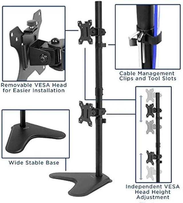 Alt view image 9 of 12 - Mount-It! Vertical Dual Monitor Stand | 2 Screen Stacked Monitor Stand | Two 24 27 29 30 32 Inch Stacking Displays | Tilt Swivel Height Adjustable | VESA 75 100 Compatible