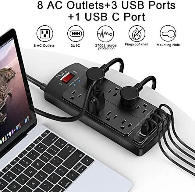 Alt view image 9 of 14 - Surge Protector Power Strip - Nuetsa Flat Plug Extension Cord with 8 Outlets and 4 USB Ports, 6 Feet Power Cord (1625W/13A), 2700 Joules, ETL Listed, Black