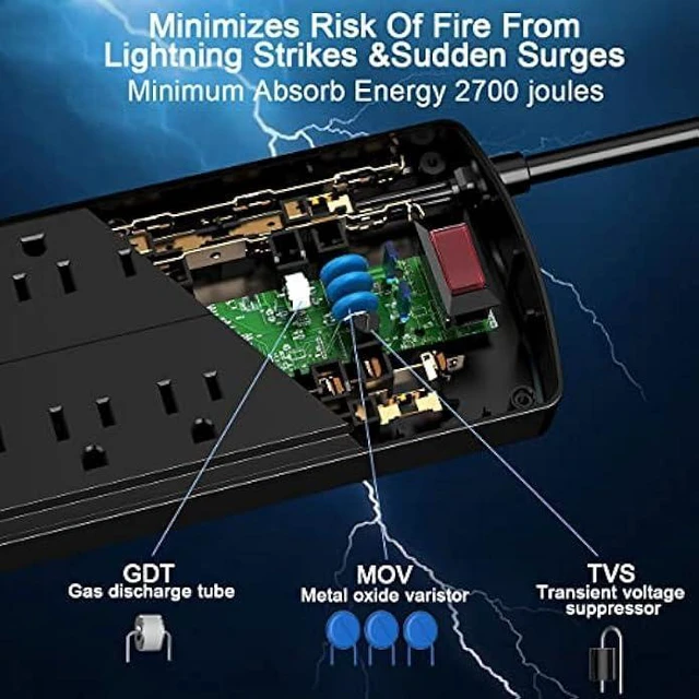 Alt view image 12 of 14 - Surge Protector Power Strip - Nuetsa Flat Plug Extension Cord with 8 Outlets and 4 USB Ports, 6 Feet Power Cord (1625W/13A), 2700 Joules, ETL Listed, Black