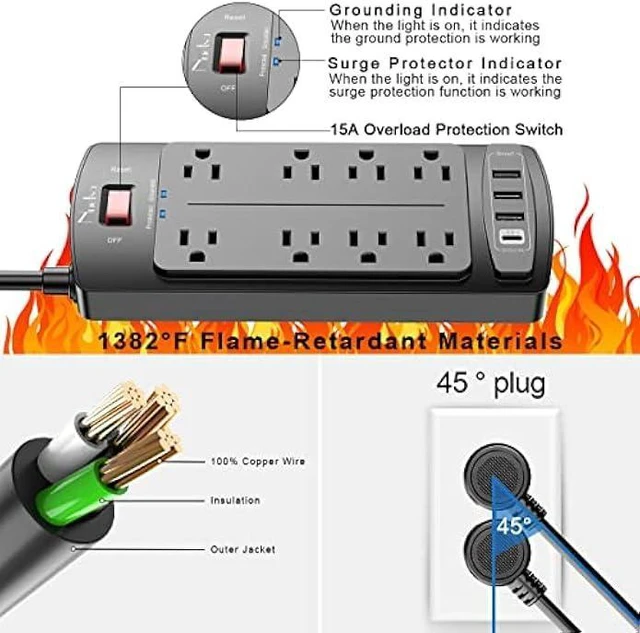Alt view image 13 of 14 - Surge Protector Power Strip - Nuetsa Flat Plug Extension Cord with 8 Outlets and 4 USB Ports, 6 Feet Power Cord (1625W/13A), 2700 Joules, ETL Listed, Black