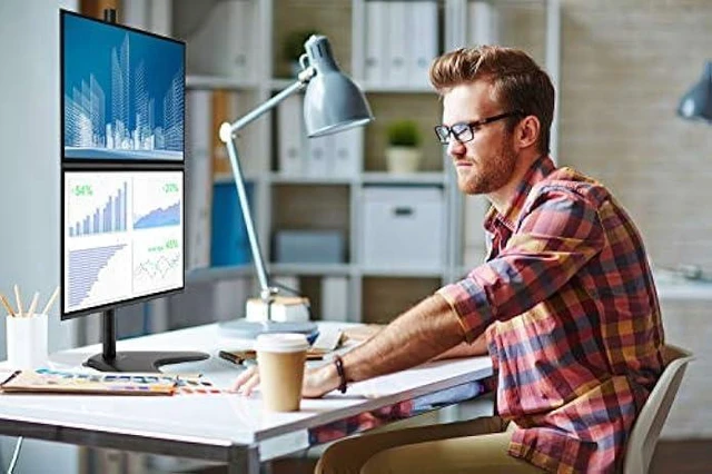Alt view image 10 of 12 - Mount-It! Vertical Dual Monitor Stand | 2 Screen Stacked Monitor Stand | Two 24 27 29 30 32 Inch Stacking Displays | Tilt Swivel Height Adjustable | VESA 75 100 Compatible