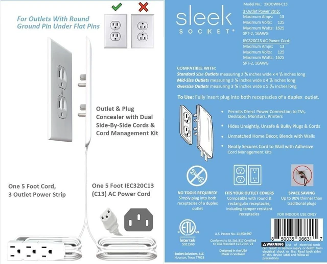 Alt view image 6 of 6 - Sleek Socket Original & Patented Ultra-Thin Outlet Concealer with Cord Concealer Kit, 5 Foot A/C Power Cord and C7 or C13 Connector for TV, and 5 Foot Cord, 3 Outlet Power Strip