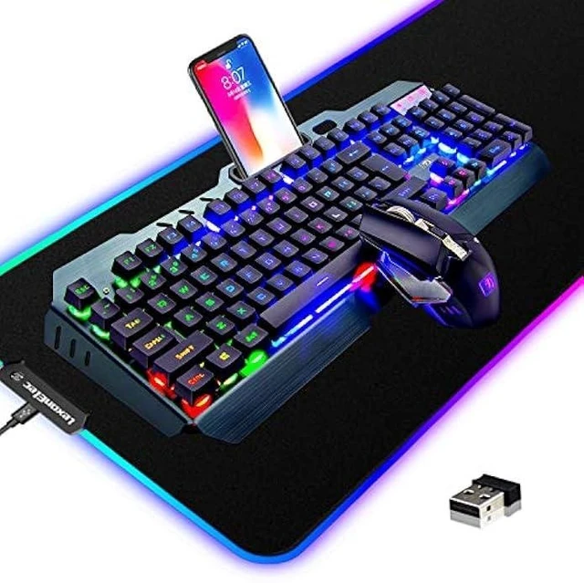 Alt view image 13 of 13 - Wireless Gaming Keyboard and Mouse Combo,3 in 1 Rainbow LED Rechargeable Keyboard Mouse with 3800mAh Battery Metal Panel,10 Colors RGB Gaming Mouse Pad (32.5x12x0.15 inch),7 Colors Mute Gaming Mouse