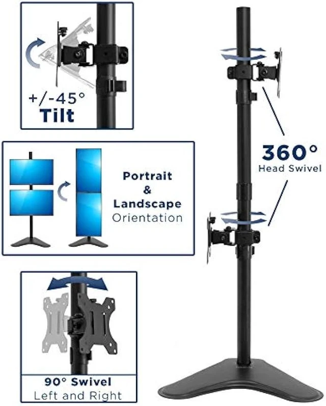 Alt view image 11 of 12 - Mount-It! Vertical Dual Monitor Stand | 2 Screen Stacked Monitor Stand | Two 24 27 29 30 32 Inch Stacking Displays | Tilt Swivel Height Adjustable | VESA 75 100 Compatible