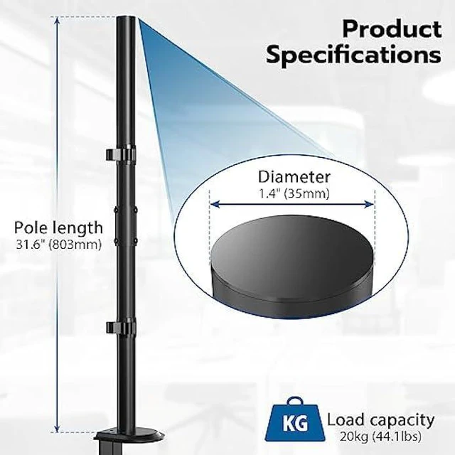 Alt view image 9 of 14 - WORLDLIFT Extra Tall Sturdy Center Pole for Monitor Arm Mount 31.9inches Steel Monitor Stand C Clamp/Grommet Pole only